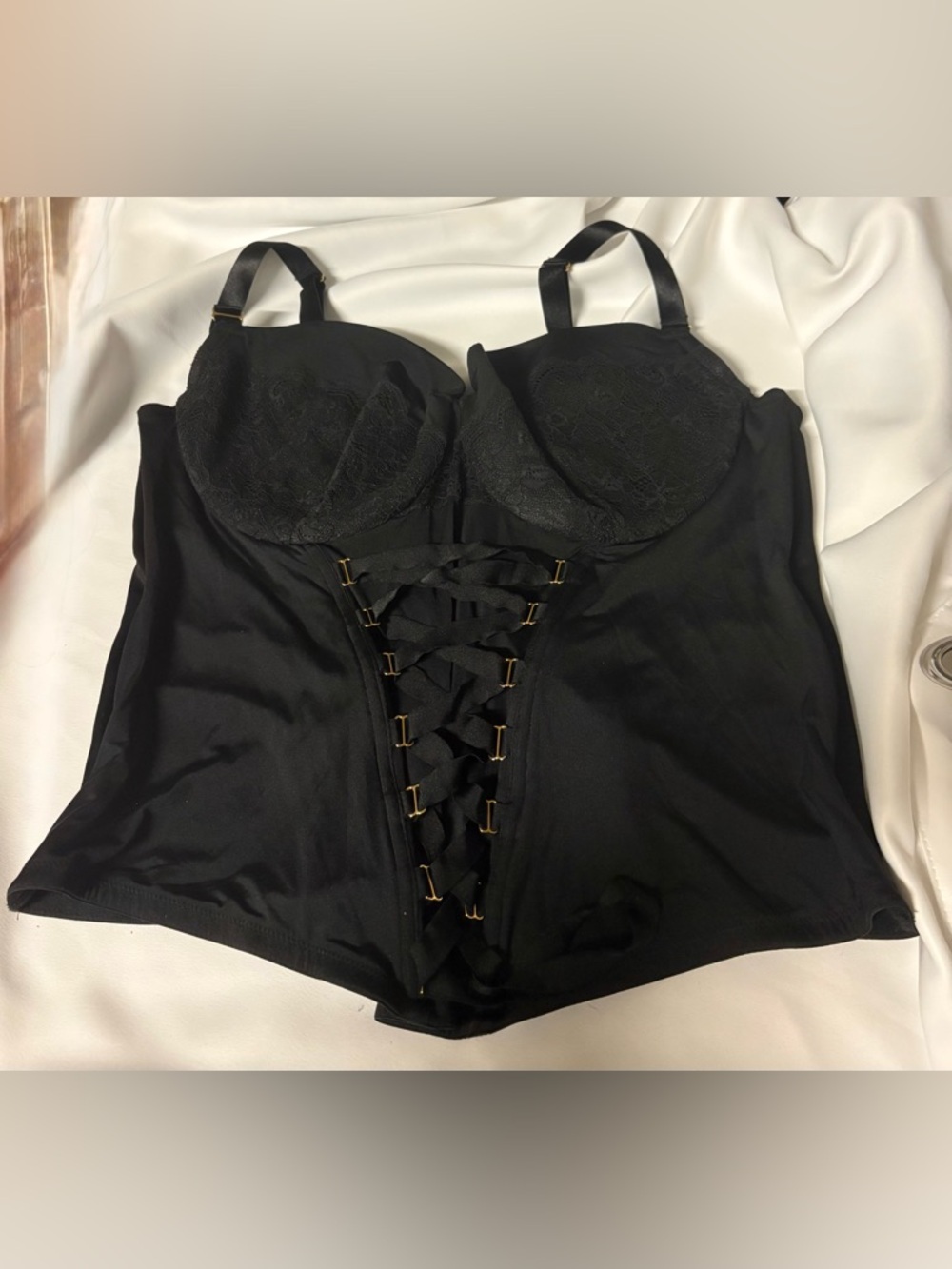 Cacique Black Lace-Accented Lace-Up Bodysuit